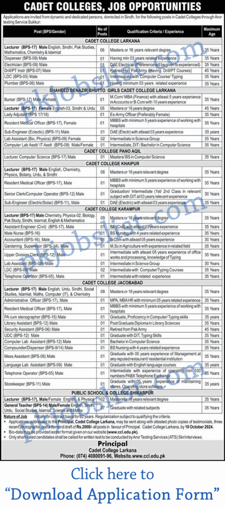 Cadet College Sindh Jobs September 2024 Application Form