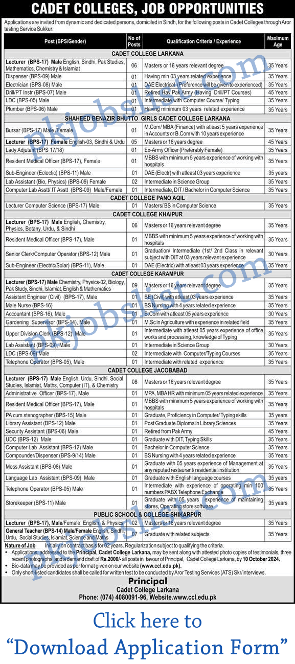 Cadet college sindh jobs september 2024 application form