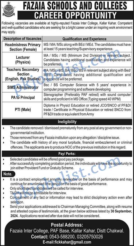 Fazaia Schools and Colleges Kallar Kahar Jobs 2024 September