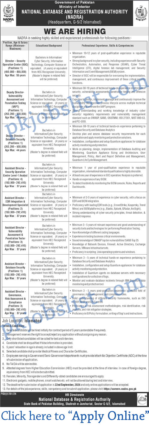 NADRA Islamabad Jobs September 2024 Apply Online