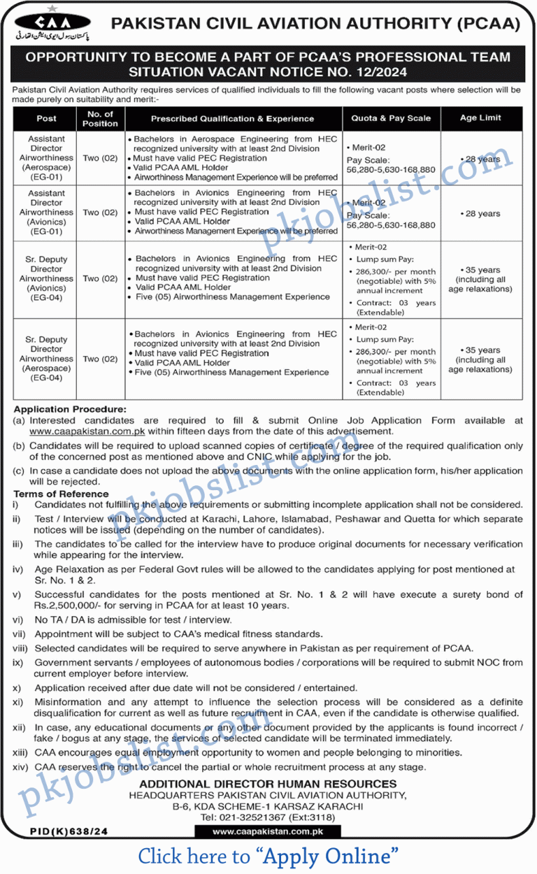 Pakistan Civil Aviation Authority Jobs September 2024 PCAA CAA Apply Online