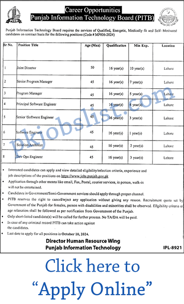 Punjab information technology board jobs september 2024 pitb apply online