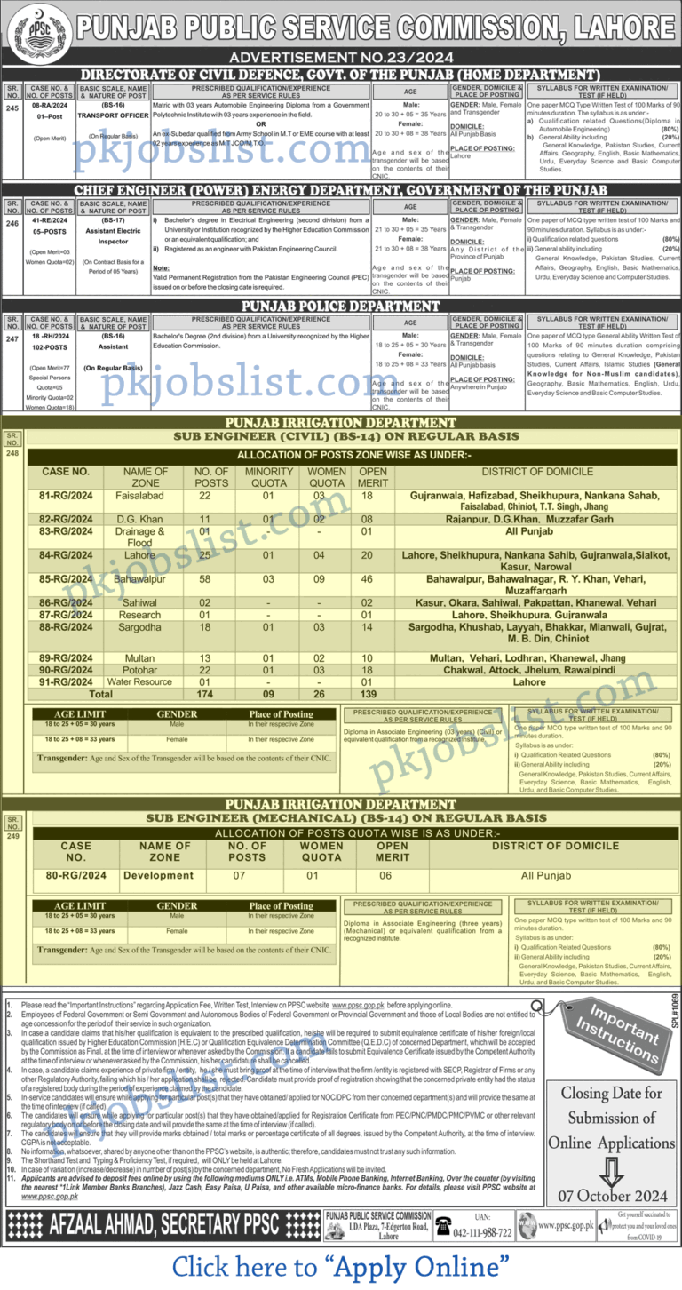 Sub Engineer Jobs in Punjab Irrigation Department September 2024 PPSC Apply Online