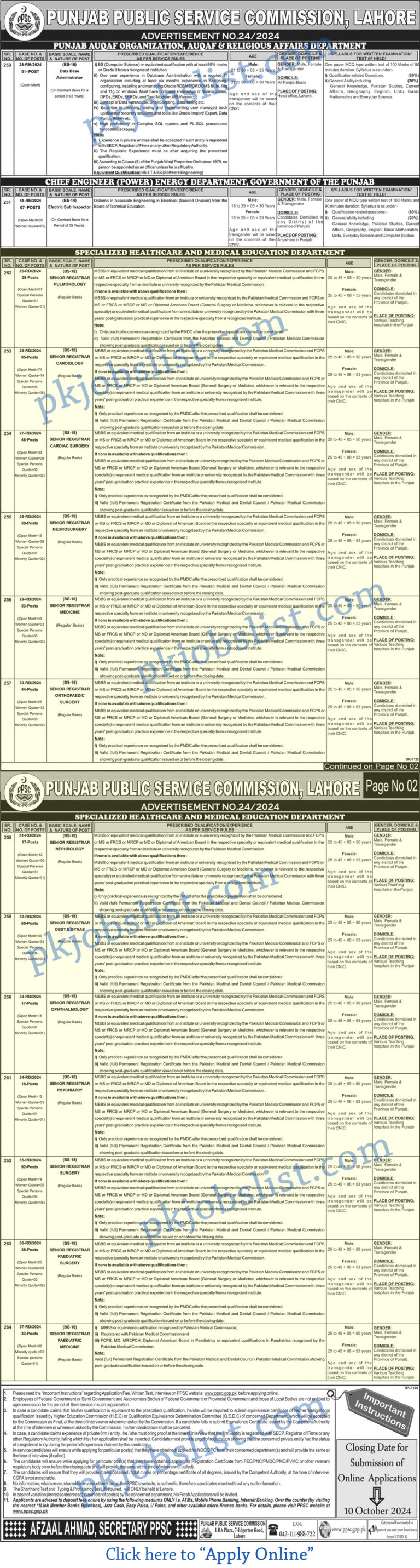 Senior registrar jobs in specialized healthcare and medical education department punjab september 2024 ppsc apply online shc&med shcmed