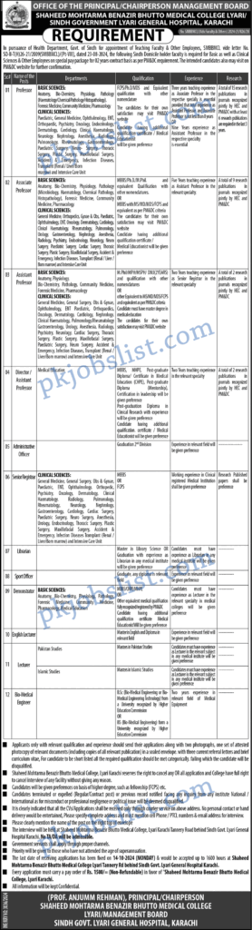 Shaheed Mohtarma Benazir Bhutto Medical College Lyari Jobs September 2024 General Hospital Karachi