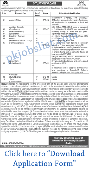 Balochistan Board of Intermediate and Secondary Education Quetta Jobs September 2024 Application Form Download