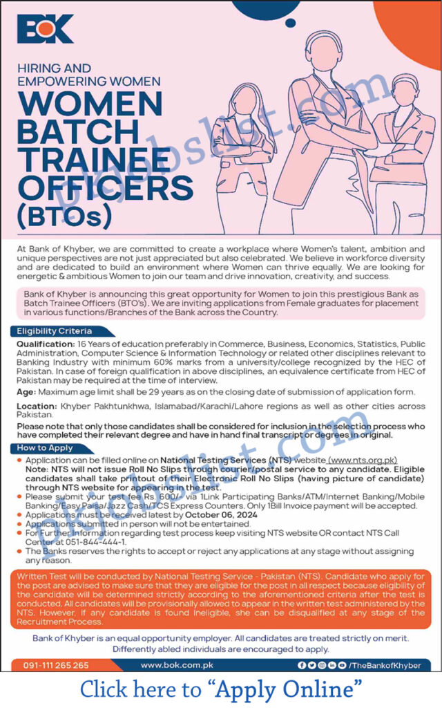 Women Batch Trainee Officer Jobs in Bank of Khyber September 2024 BOK NTS Apply Online BTO