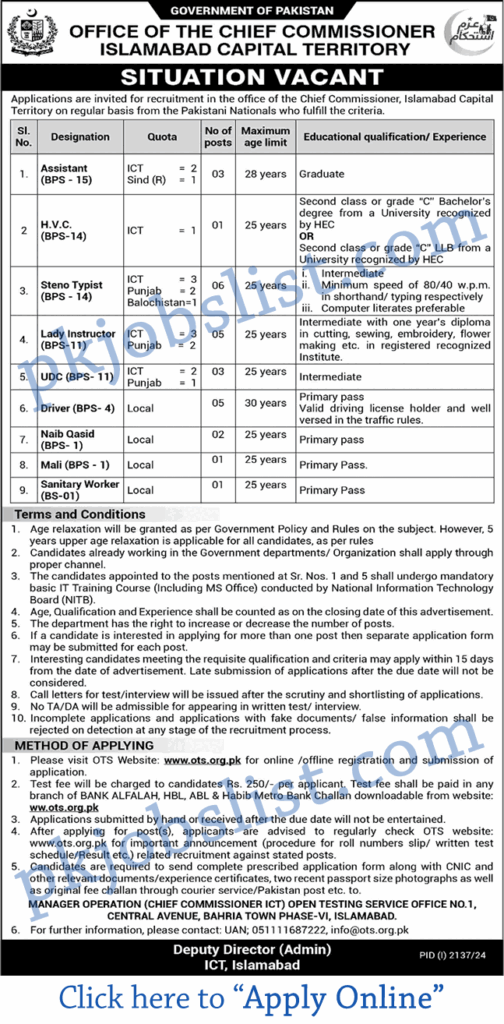 Office of the Chief Commissioner Islamabad Capital Territory Jobs 2024 September OTS Apply Online