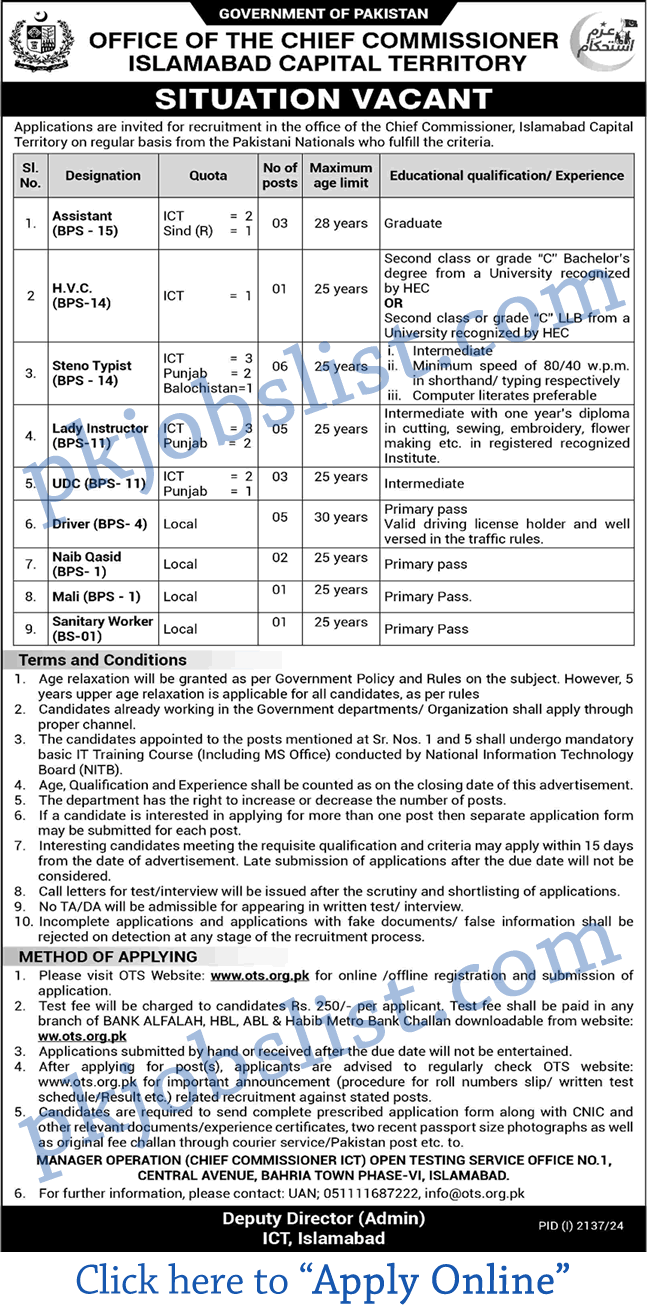 Office of the chief commissioner islamabad capital territory jobs 2024 september ots apply online