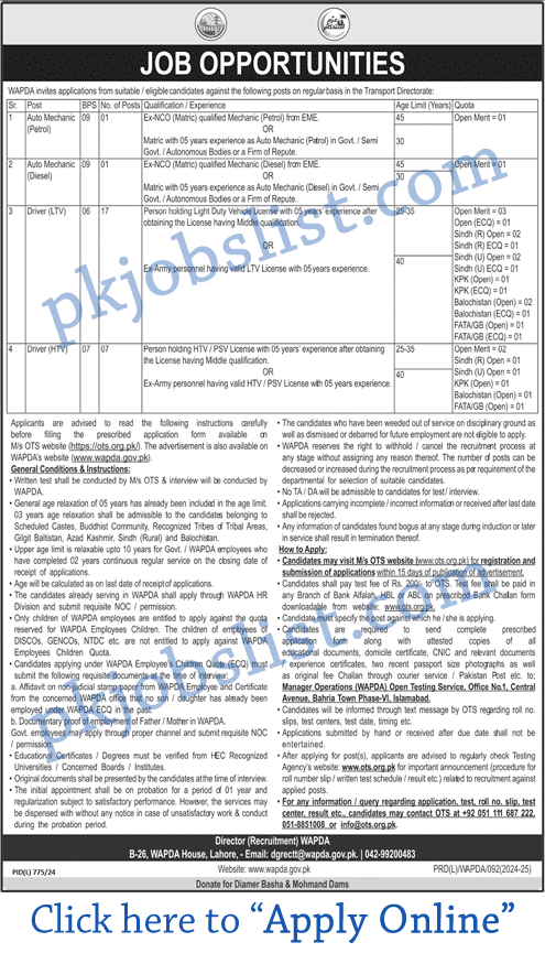 Water and Power Development Authority Jobs September 2024 WAPDA OTS Apply Online