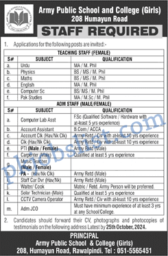 Army Public School and College Humayun Road Rawalpindi Jobs October 2024 APSACS