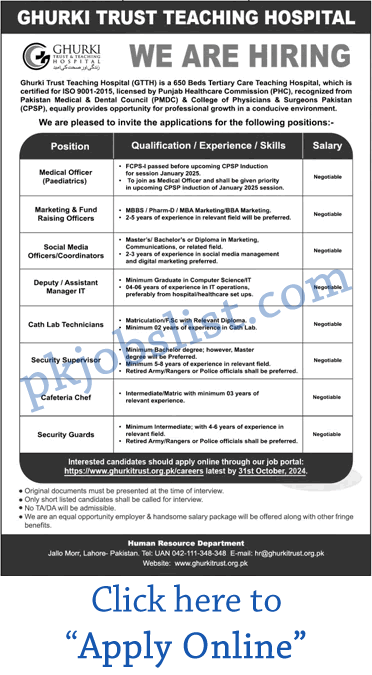 Ghurki Trust Teaching Hospital Lahore Jobs October 2024 Apply Online