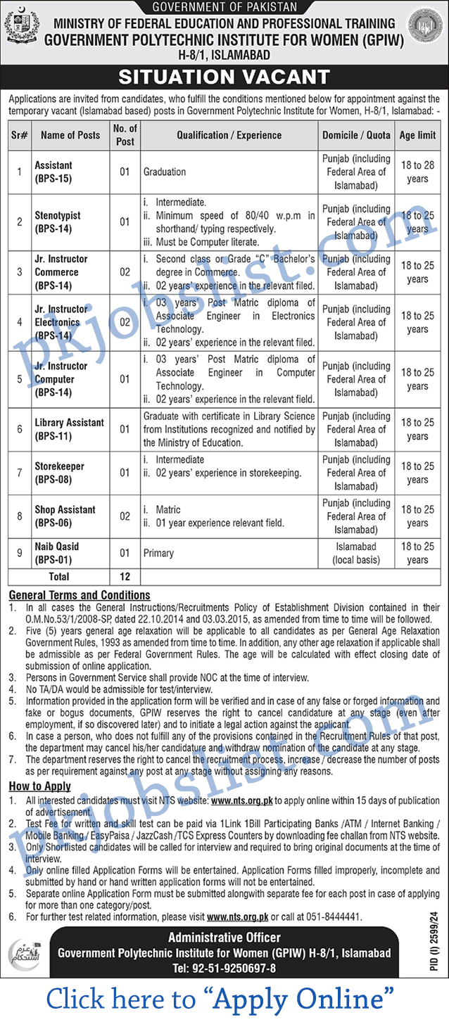 Government Polytechnic Institute for Women Islamabad Jobs October 2024 GPIW NTS Apply Online