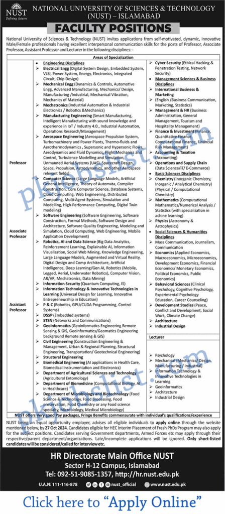 Teaching Faculty Jobs in National University of Science and Technology Islamabad October 2024 NUST Apply Online