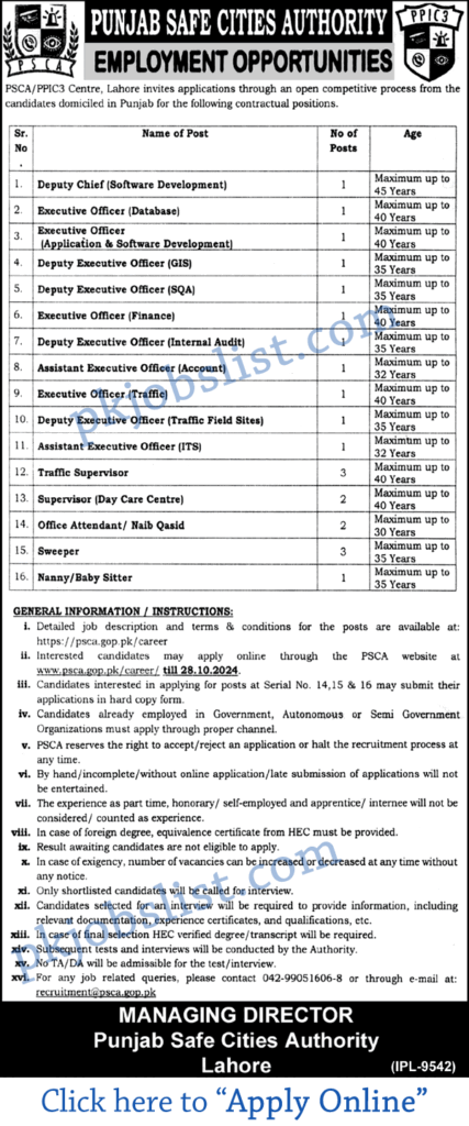 PPIC3 Jobs October 2024 Apply Online Punjab Safe City Authority (PSCA)