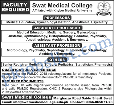 Swat Medical College Jobs 2024 October Professors & More