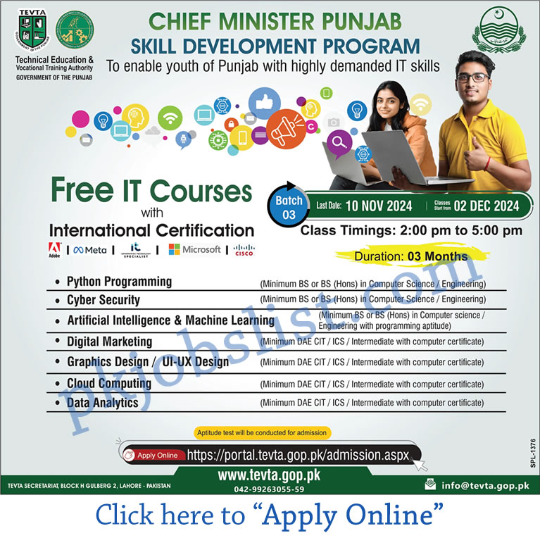 TEVTA Free IT Courses October 2024 Online Registration