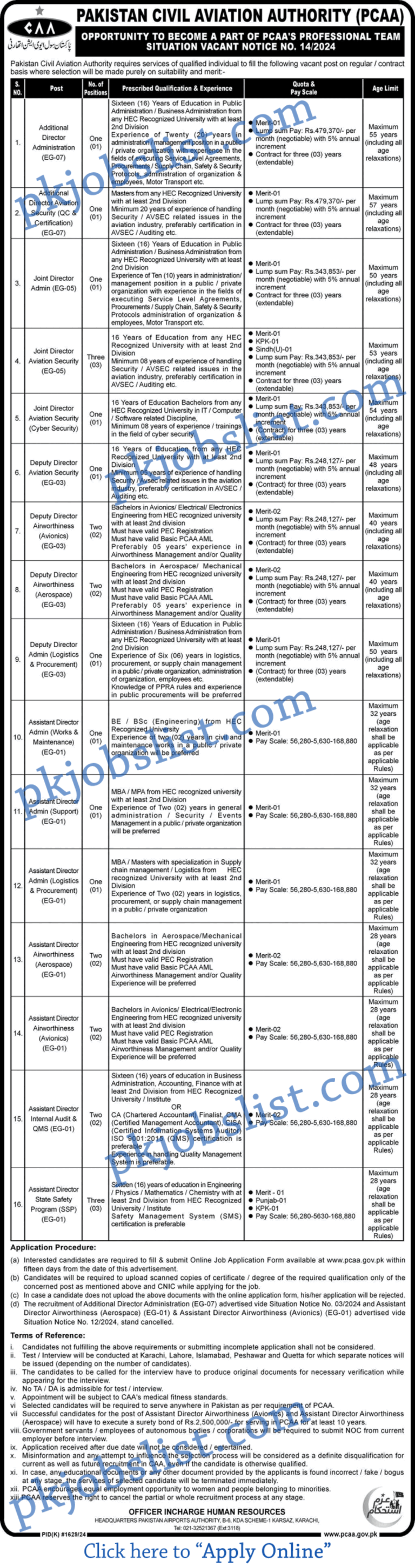 PCAA Jobs November 2024 Apply Online Pakistan Civil Aviation Authority