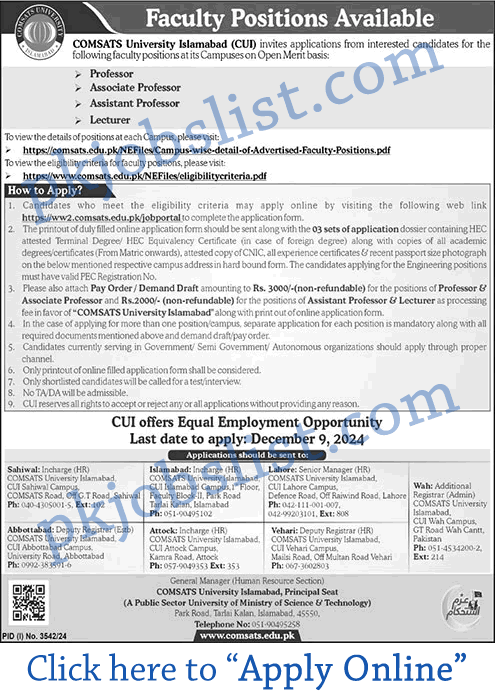 CUI University Islamabad Jobs November 2024 Apply Online Teaching Faculty at COMSATS