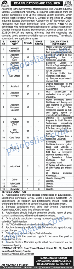 Gwadar Industrial Estate Development Authority Jobs 2024 November