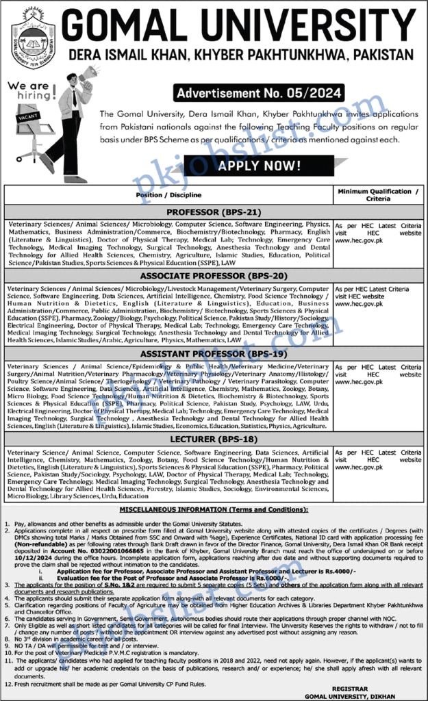 Gomal University DIKHAN Jobs November 2024 Teaching Faculty