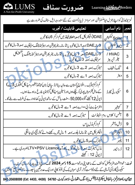 LUMS Lahore Jobs November 2024 Cashier, Security Guard & More