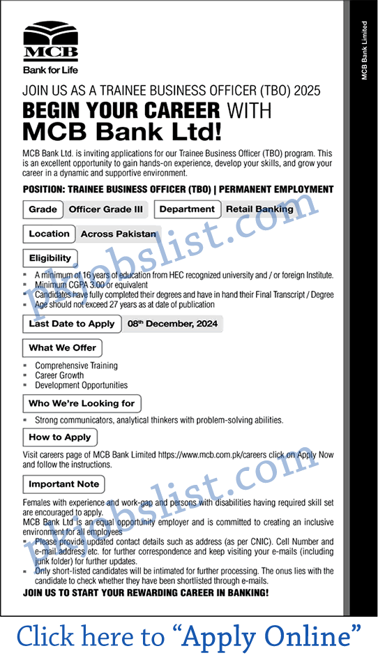 Muslim Commercial Bank Jobs November 2024 Apply Online Trainee Business Officer (TBO) in MCB