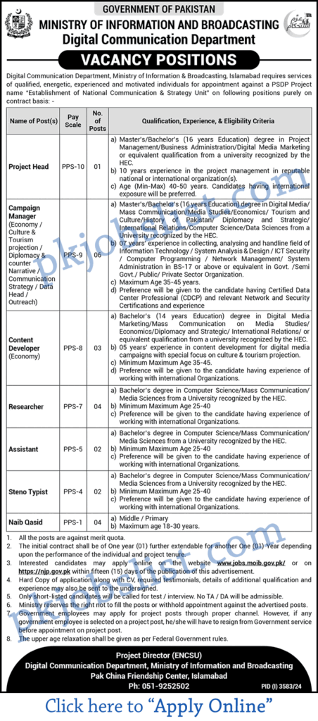 Ministry of Information and Broadcasting Islamabad Jobs November 2024 Apply Online