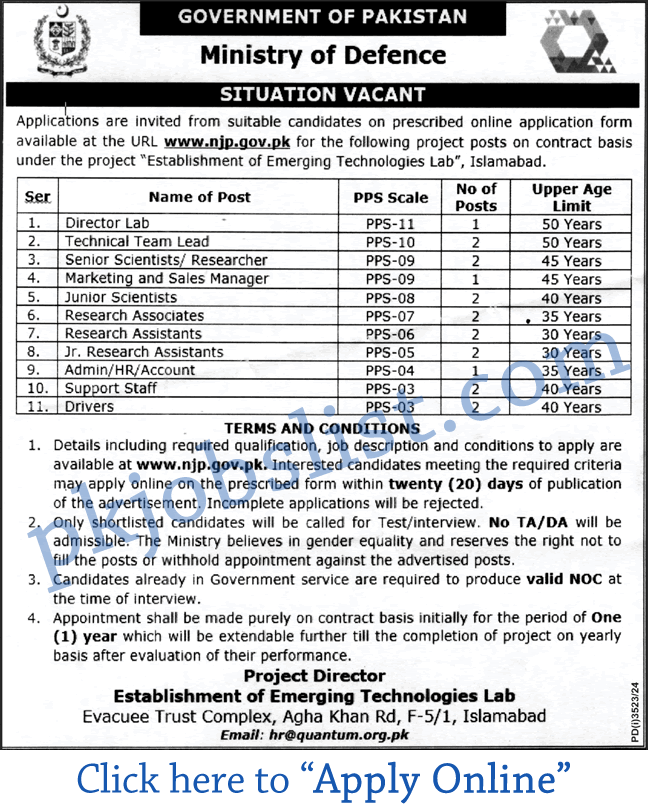 MOD Islamabad Jobs November 2024 Apply Online NJP Ministry of Defense