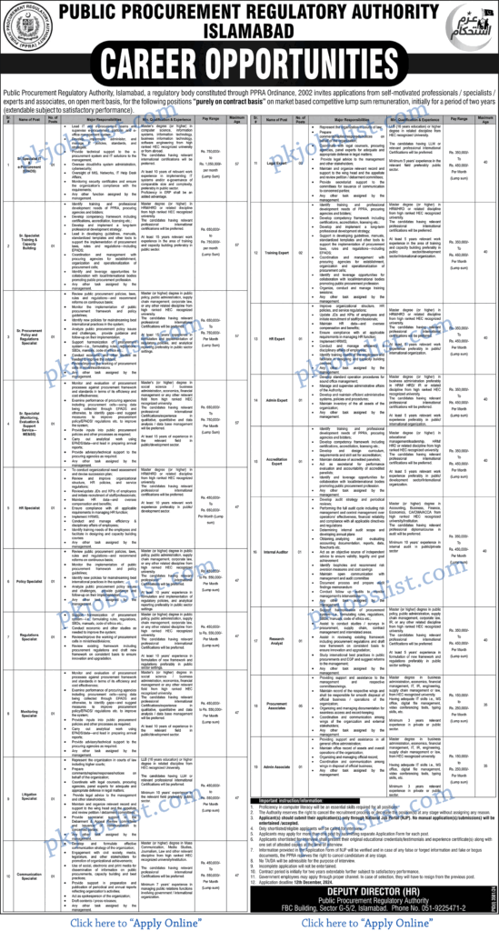 PPRA Islamabad Jobs November 2024 Apply Online Public Procurement Regulatory Authority