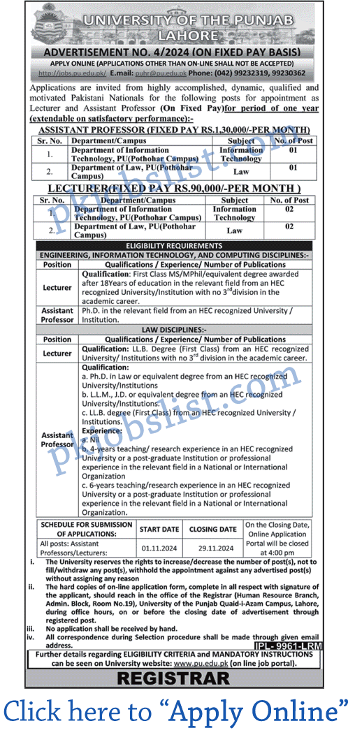 University of the Punjab Lahore Jobs November 2024 Apply Online