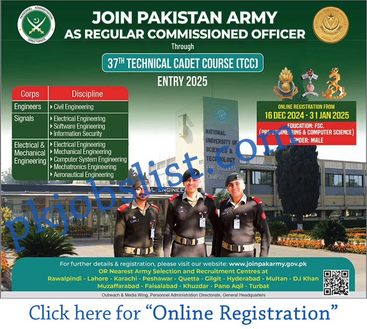 Join Pakistan Army as Regular Commissioned Officer December 2024 Technical Cadet Course TCC 2025