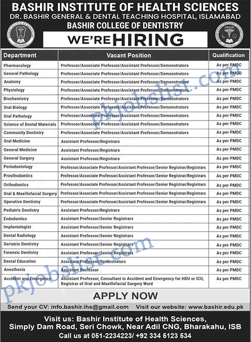 Teaching Faculty Jobs in Bashir Institute of Health Sciences Islamabad 2024 December