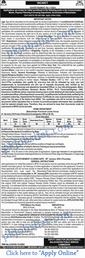 Assistant Investigation Officer Jobs in Balochistan Provincial Levies Force December 2024 BPSC Apply Online