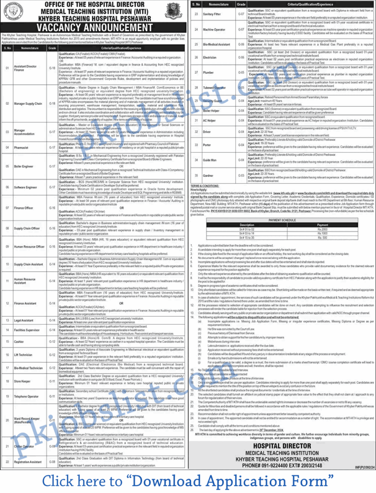 MTI KTH Peshawar Jobs December 2024 Application Form