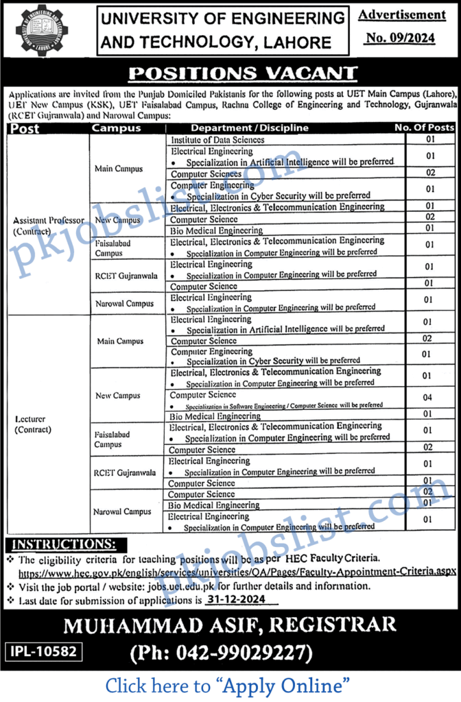 University of Engineering and Technology Jobs December 2024 Apply Online