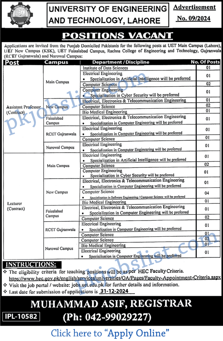 University of Engineering and Technology Jobs December 2024 Apply Online