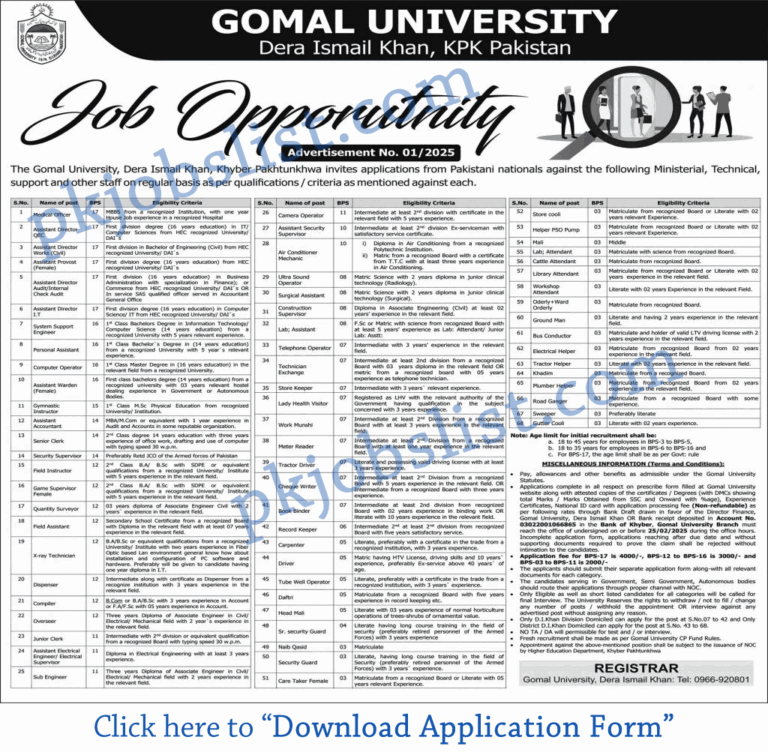 Gomal University DI Khan Jobs 2025 February Application Form Download