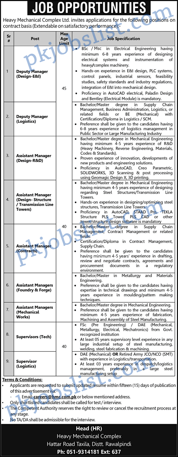 HMC Taxila Jobs 2025 February Heavy Mechanical Complex Ltd