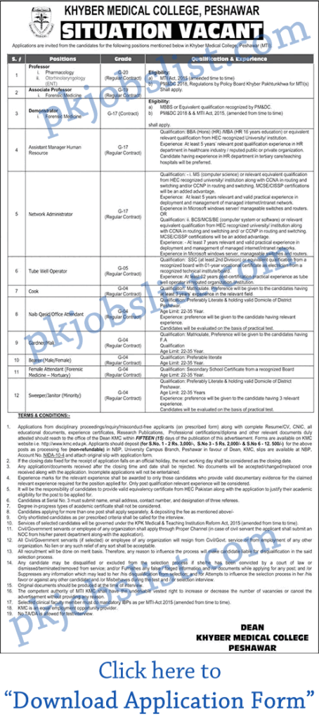 Khyber Medical College Peshawar Jobs 2025 February Application Form