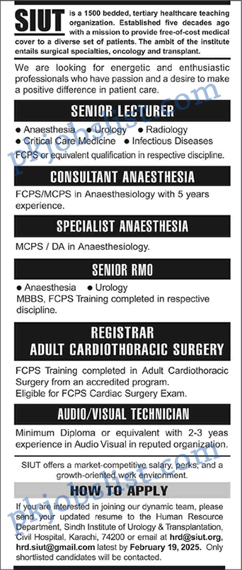 Sindh Institute of Urology and Transplantation Karachi Jobs 2025 February