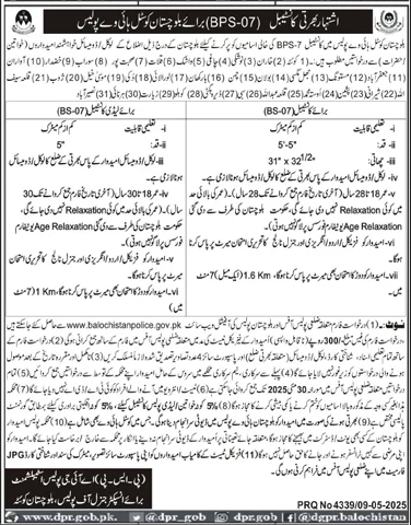Constable Jobs in Balochistan Coastal Highway Police 2025 May Application Form