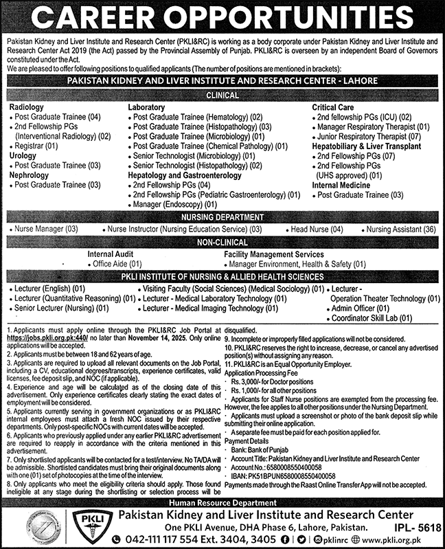 Pakistan Kidney and Liver Institute and Research Centre Jobs October 2025