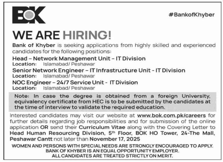 Bank of Khyber Jobs 2025 November Online Apply