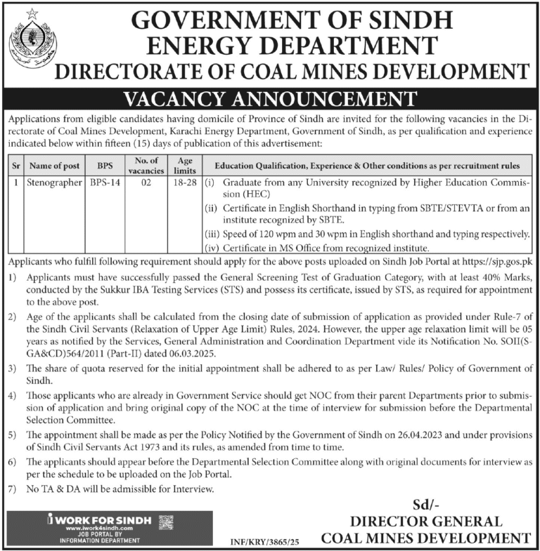 Energy Department Sindh Jobs 2025 November