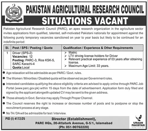 PARC Jobs 2025 November Apply Online for Drivers