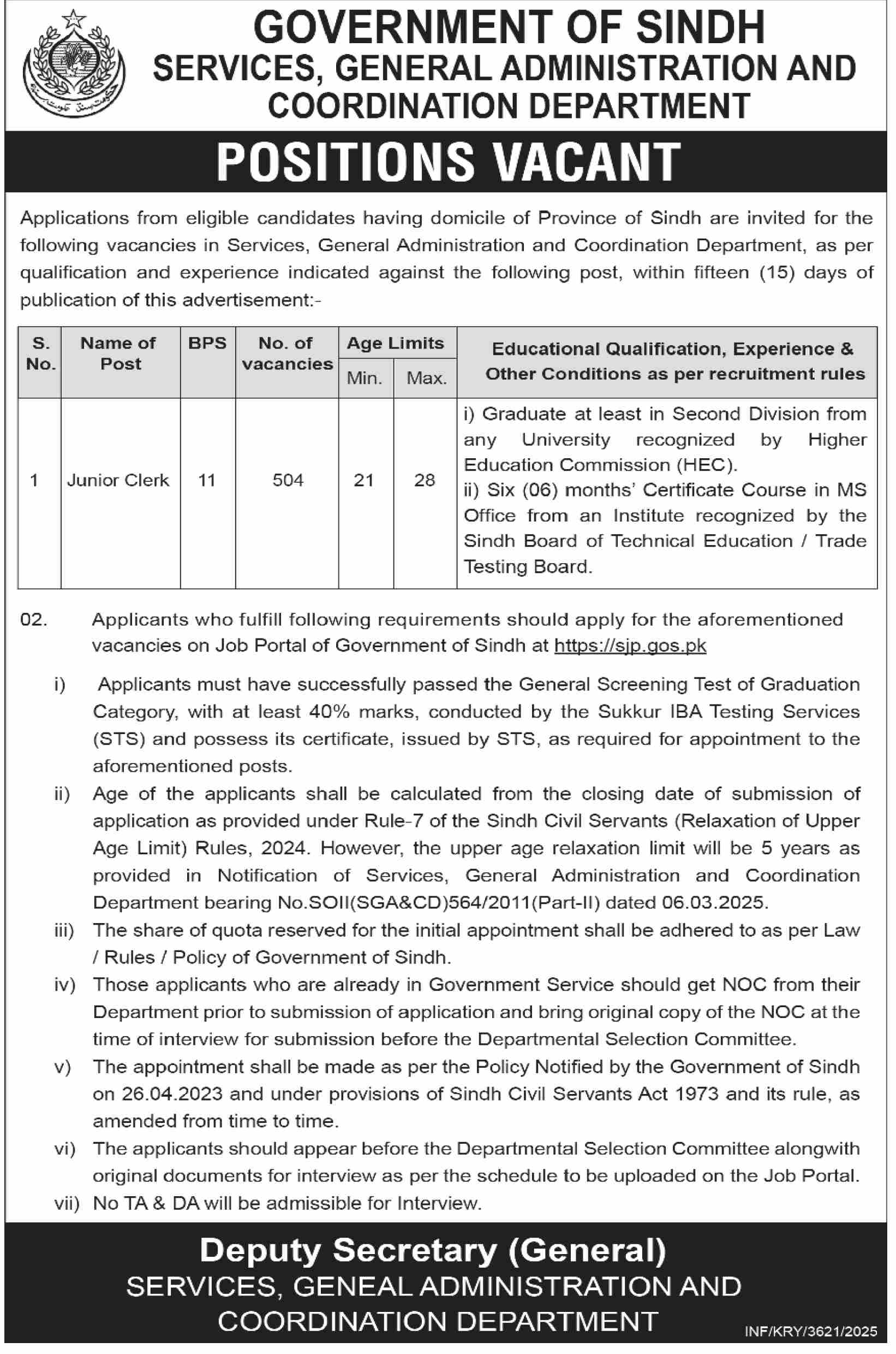 Services General Administration and Coordination Department Sindh Jobs November 2025 1 SAGAD 01 11 2025 012 006