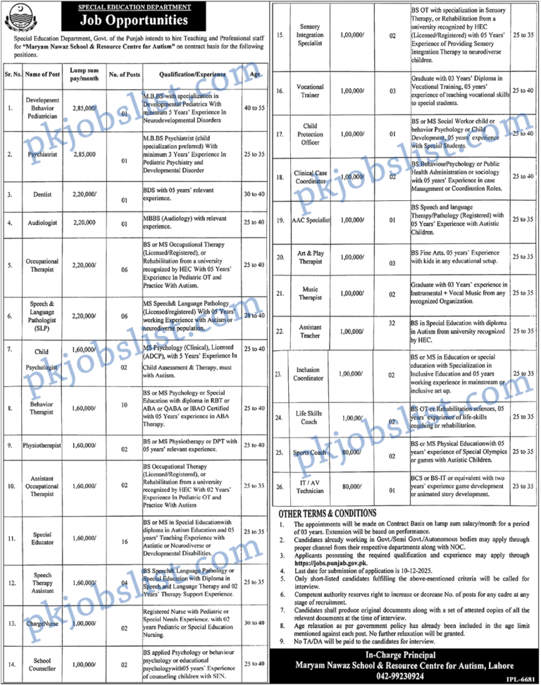 Special Education Department Punjab Jobs 2025 November Online Apply