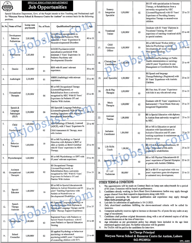 Special Education Department Punjab Jobs 2025 November Online Apply
