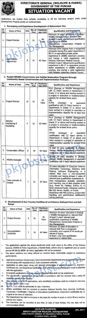 Punjab Wildlife and Parks Department Jobs 2025 November
